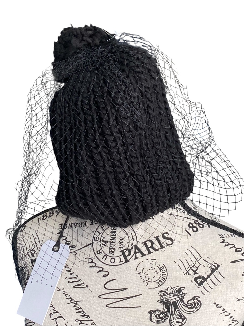 NWT Leith Nordstrom Black Veil Fishnet Chunky Knit Pom Pom Beanie Winter Hat - Picture 3 of 11